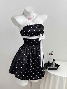 Elamini Women's Summer Elegant Cute Vintage Polka Dot Print Bow Decor Strapless Dress Party Black And White - Black - View 3