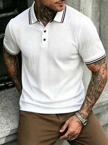 Manfinity CasualCool 男士條紋短袖休閒通勤 Polo 衫，儀式場合適用 - 黑與白 - 查看 3