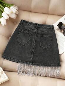 SHEIN MOD Women's Button & Tassel Design Casual Versatile Daily Denim Mini Skirt - Black - View 2