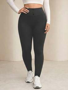 Lacomfia Spring/Summer Casual Versatile Elegant Slimming Button-Up Waist-Cinching Plus Size Women's Leggings - Dark Grey - View 5