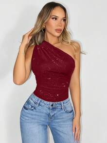 Sirith Solid Color Draped Asymmetric Collar Elegant Sleeveless Bodysuit - Burgundy - View 3