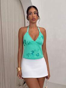 SHEIN Allurite Summer Elegant Sequin Floral Embroidered Backless Halter Top - Green - View 5