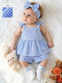 SHEIN Vintaside Kids 2件套女婴幼儿/新生儿0-3岁日常休闲可爱格子蝴蝶结装饰蓝色蝴蝶结图案吊带背心+短裤套装，柔软舒适的面料，适合返校、假期、夏季穿着、旅行、派对等场合。 - 藍色 - 查看 3