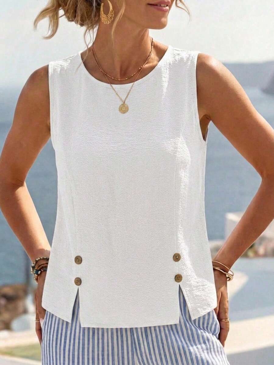 SHEIN Women's Versatile Solid Color Button Design Sleeveless Shirt, Summer Vacation - White - View 1