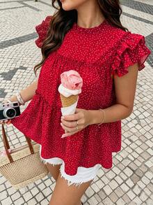 Vionelle Plus Size Vintage Polka Dot Loose Multi-Layer Ruffle Patchwork Doll Blouse Brunch Dinner Vacation Red And White Summer - Red - View 4