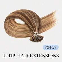 U型接发，12-22英寸直发真人发，U型接发，直发，柔软，热熔角蛋白造型，巧克力棕至焦糖金，流行色，适合所有种族，指甲式自然接发，易于佩戴，预粘合融合式假发片 - S4-27 - 查看 23