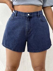Elaquor Celana Pendek Denim Kasual Serbaguna Pinggang Tinggi untuk Wanita Ukuran Plus dengan Kantong - Dark Wash - View 1