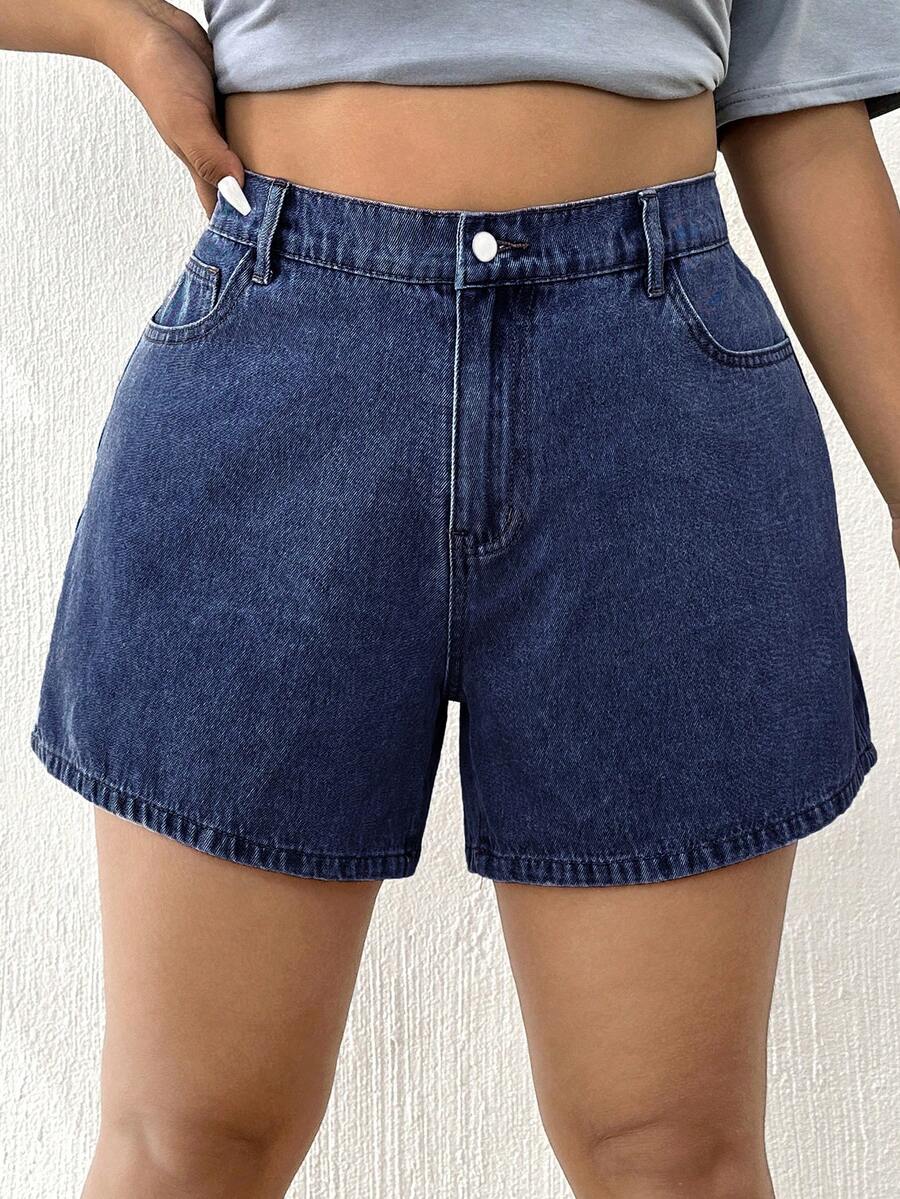 Elaquor Celana Pendek Denim Kasual Serbaguna Pinggang Tinggi untuk Wanita Ukuran Plus dengan Kantong - Dark Wash - View 1