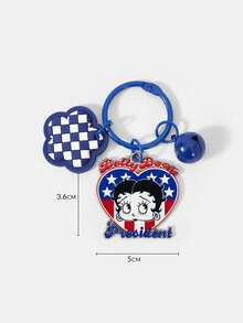 Betty Boop x SHEIN 1PC Betty Boop Blue And White Checkerboard Love Cute Girl Keychain Ring Accessories Bag Paint Bell Decoration Key Ring Small Pendant - Blue - View 6