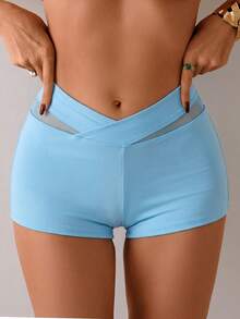 SHEIN Swim 女款夏季運動網格拼接比基尼短褲 - 天藍色 - 查看 4