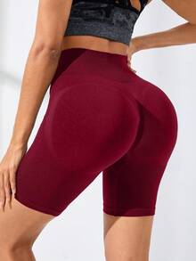 SHEIN Sports Women's Solid Color High Waist Daily Fitness Sports Shorts - Burgundy - View 5