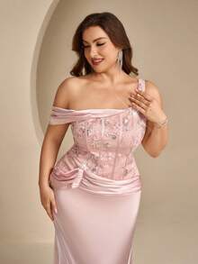 Coutiva Vestido de Noche Formal de Talla Grande con Bordado, Lentejuelas, Patchwork y Satén (Estilo de Mano de Obra Pesada) - Rosa - Ver 5