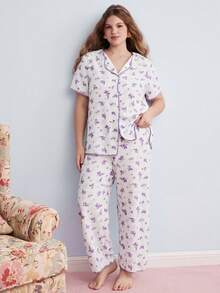 Elorette Floral Pajama Set Plus Size Purple Floral Contrast Trim Short Sleeve Sleepwear Set 2 Piece Pajama Set Purple Pajamas Set - White - View 5