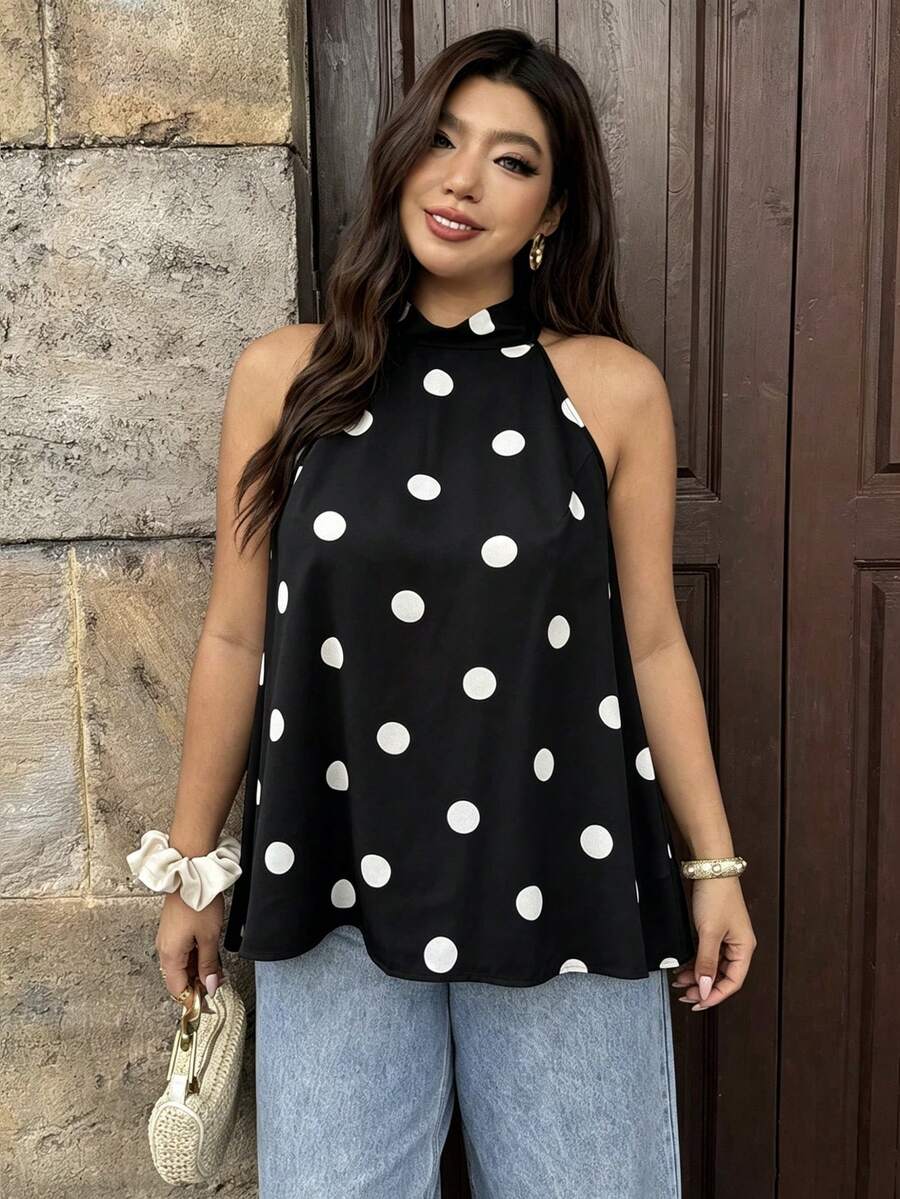 Vionelle Plus Size Polka Dot Sleeveless Back Tie Bow Women's Top - Black - View 1
