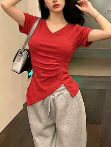 INAWLY 女款夏季休閒不對稱下擺T恤 日常輕盈紅色 日穿款 - 紅色 - 查看 4
