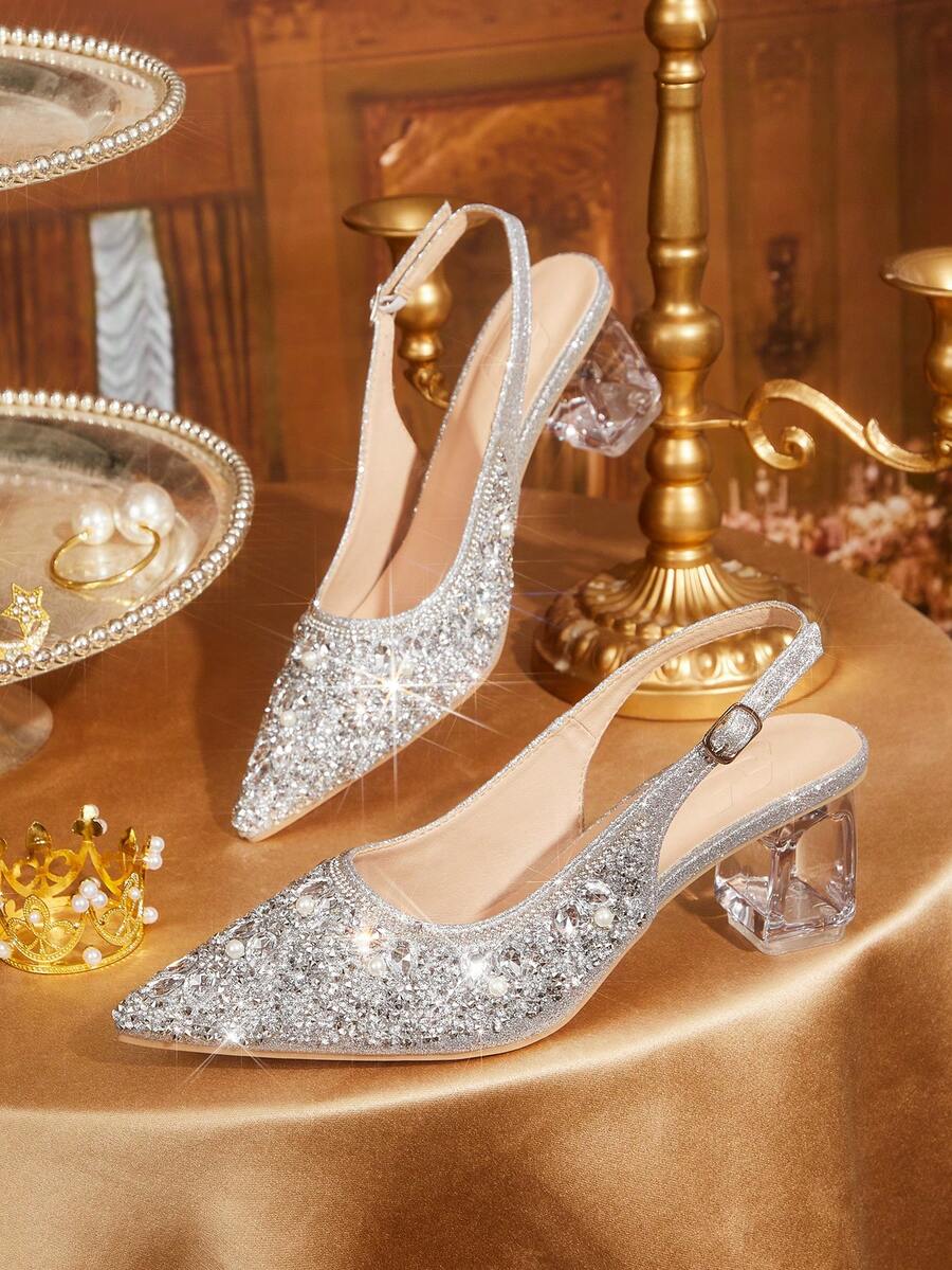 CUCCOO TILAWA Women's Crystal And Glass Rhinestone Pointed Silver High-Heeled Shoes, Suitable For Going Out, Banquets, Parties And Other Activities - flash silver - View 1