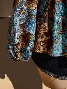 SHEIN ICON 大尺碼女款V領全身印花打結扭轉抓皺休閒百搭日常上衣 - 彩色 - 查看 5