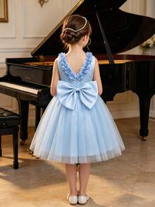 SHEIN Glamorique Kids 女童皇家藍無袖珍珠蝴蝶結網紗洋裝，適合晚宴、生日派對、表演、夏季 - 藍色 - 查看 2