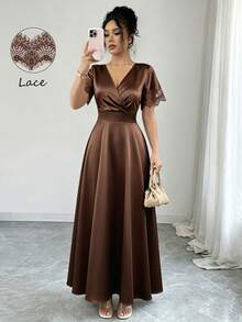 Elenzga Women's Solid Color Elegant Lace Patchwork V-Neck Dress - Coffee Brown - View 4