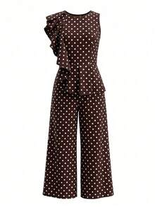 Ellevyn Brown Polka Dot Vintage Polka Dot Print Ruffle Hem Jumpsuit - Mocha Brown - View 1