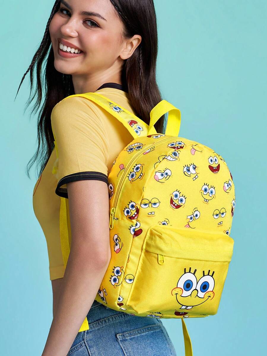 SpongeBob SquarePants | SHEIN 1 個卡通角色圖案印花聚酯纖維背包，可調節肩帶，適合學生、男士、女士，適用於學校、戶外遠足、休閒健行、旅行、通勤，海綿 - 黃色 - 查看 1