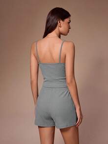 Lazeform Ribbed Lace Trim Camisole And Shorts Set Women's Loungewear - Grey - View 2