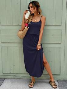 SHEIN LUNE Women's Casual Solid Color Ribbed Sleeveless Dress With Side Slit Hem And Drawstring, Spring/Summer Everyday Basic Style Vacation Navy Blue - Royal Blue - View 5