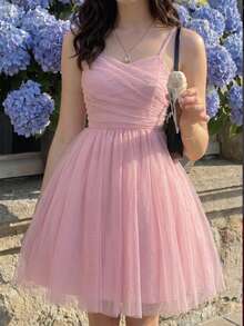 SHEIN Tween Girls Elegant Back To School Pink Strap Contrast Mesh Hi Waist Cinched Flared A-Line Dress Sixth Form,Graduation,Party Autumn Fall Christmas - Pink - View 1