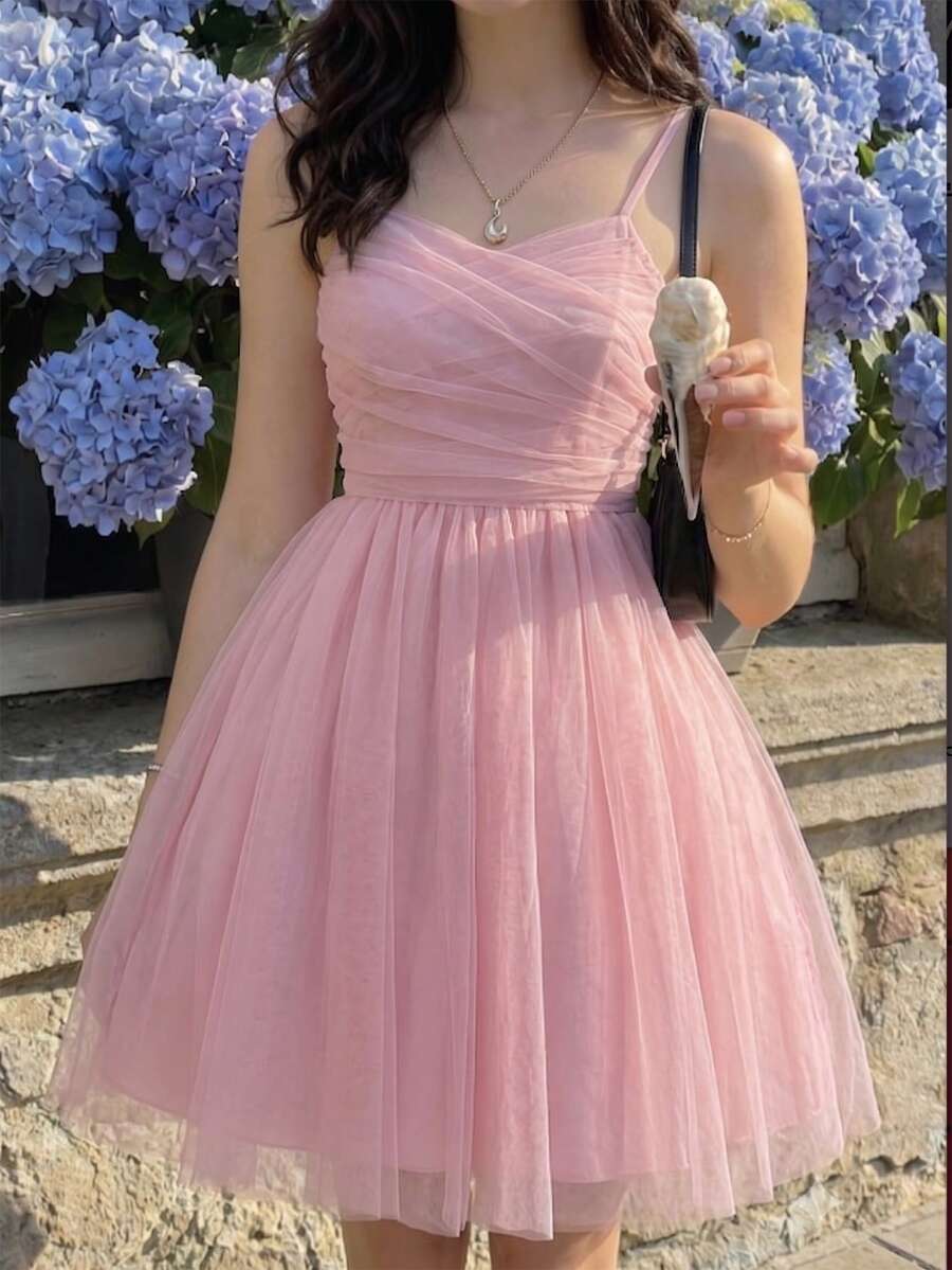 SHEIN Tween Girls Elegant Back To School Pink Strap Contrast Mesh Hi Waist Cinched Flared A-Line Dress Sixth Form,Graduation,Party Autumn Fall Christmas - Pink - View 1