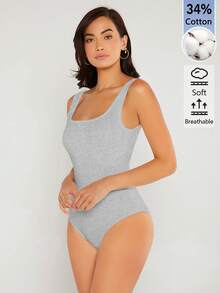 SHEIN BASICS 女款純色休閒百搭連身衣 灰色 夏季 日間居家與辦公日常外出穿搭 - 淺灰色 - 查看 3