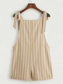 SHEIN EZwear 夏季休閒波希米亞風法式米色打結肩帶口袋連身褲 度假風 - 彩色 - 查看 2