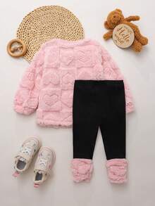 SHEIN 女嬰秋冬可愛毛茸茸卡通圖案保暖內裡加厚運動衫套裝 - 淺粉色 - 查看 9
