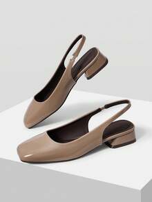 Mnmlis Patent Leather Back Strap Dark Brown Square Toe Thick Heel Women's Shoes Fall Shoes - nude - View 2