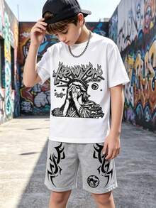1套2026夏季新款男童服裝套裝，拼色圖騰印花設計，氣場強烈，酷帥時尚，休閒百搭，輕鬆打造吸睛夏日造型，適合日常出遊、校園玩耍、假期打卡 - 彩色 - 查看 5