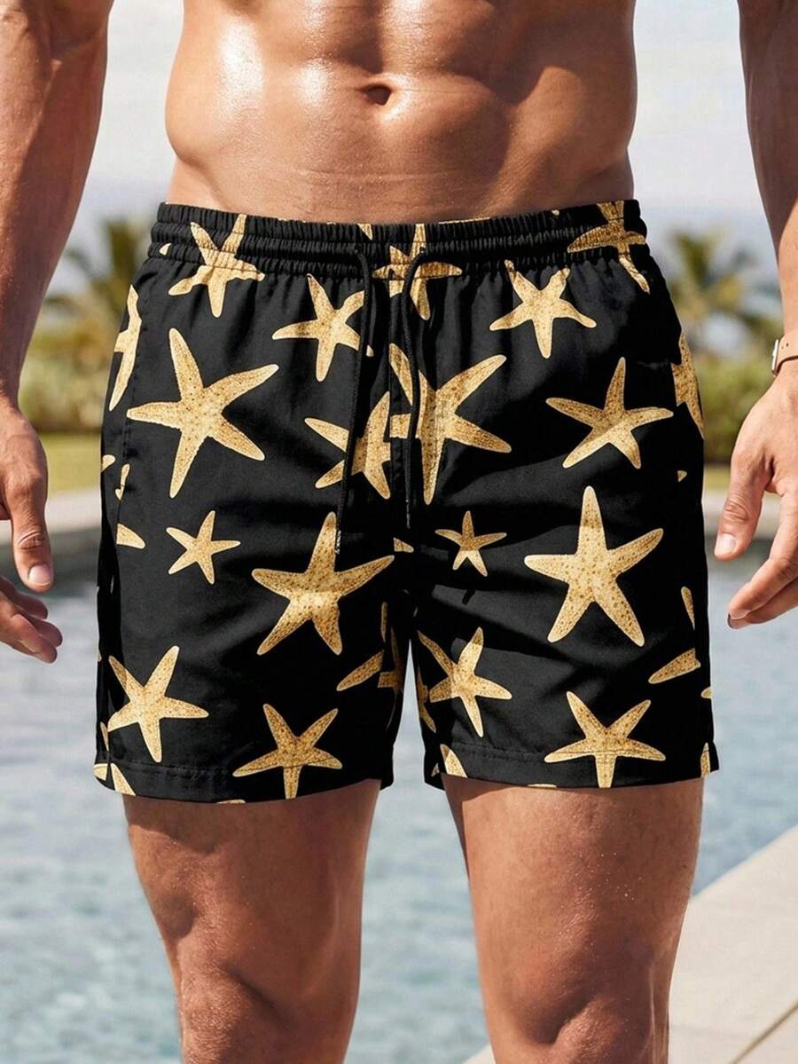 HIMLAND Pantalones cortos casuales para hombre con estampado de estrella de mar y cintura con cordón - Multicolor - Ver 1
