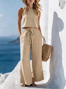 SHEIN Holidaya Setelan Kasual 2 Potong Wanita Warna Polos Model Tank Top Halter Neck dan Celana Panjang untuk Liburan - Khaki - View 4
