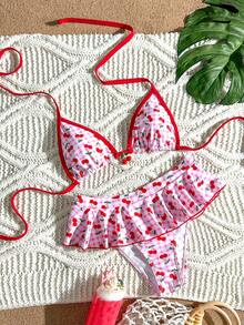 Swim Mod 新款女款泳衣套裝 夏季海邊度假百搭 2 件套甜美系列 粉色系 分開式裙褲套裝 熱銷款 水果櫻桃印花 粉色格紋底圖 櫻桃小配件裝飾 可調節後背上衣 荷葉邊蓬蓬裙褲下裝 細紅對比滾邊 適合夏季甜美風 海邊海灘泳池度假穿搭 - 彩色 - 查看 4