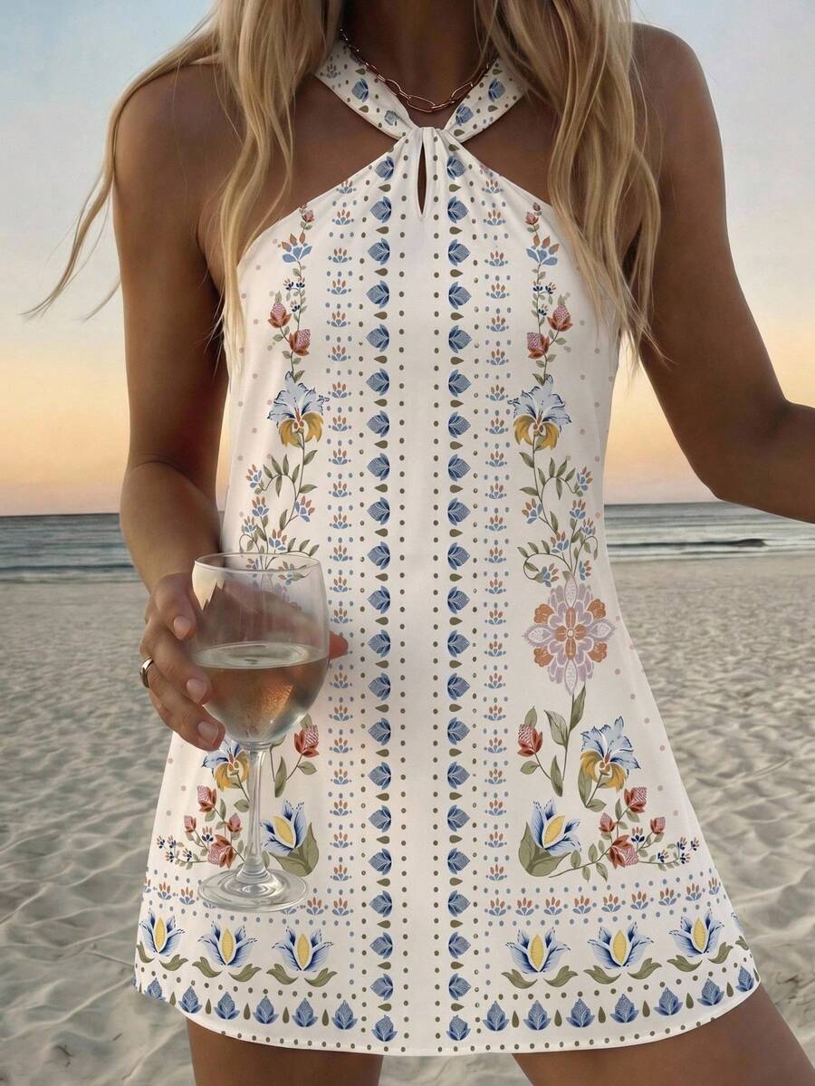 Vivid Eden Women's Halter Neck Floral Print Casual Vacation Dress - Apricot - View 1