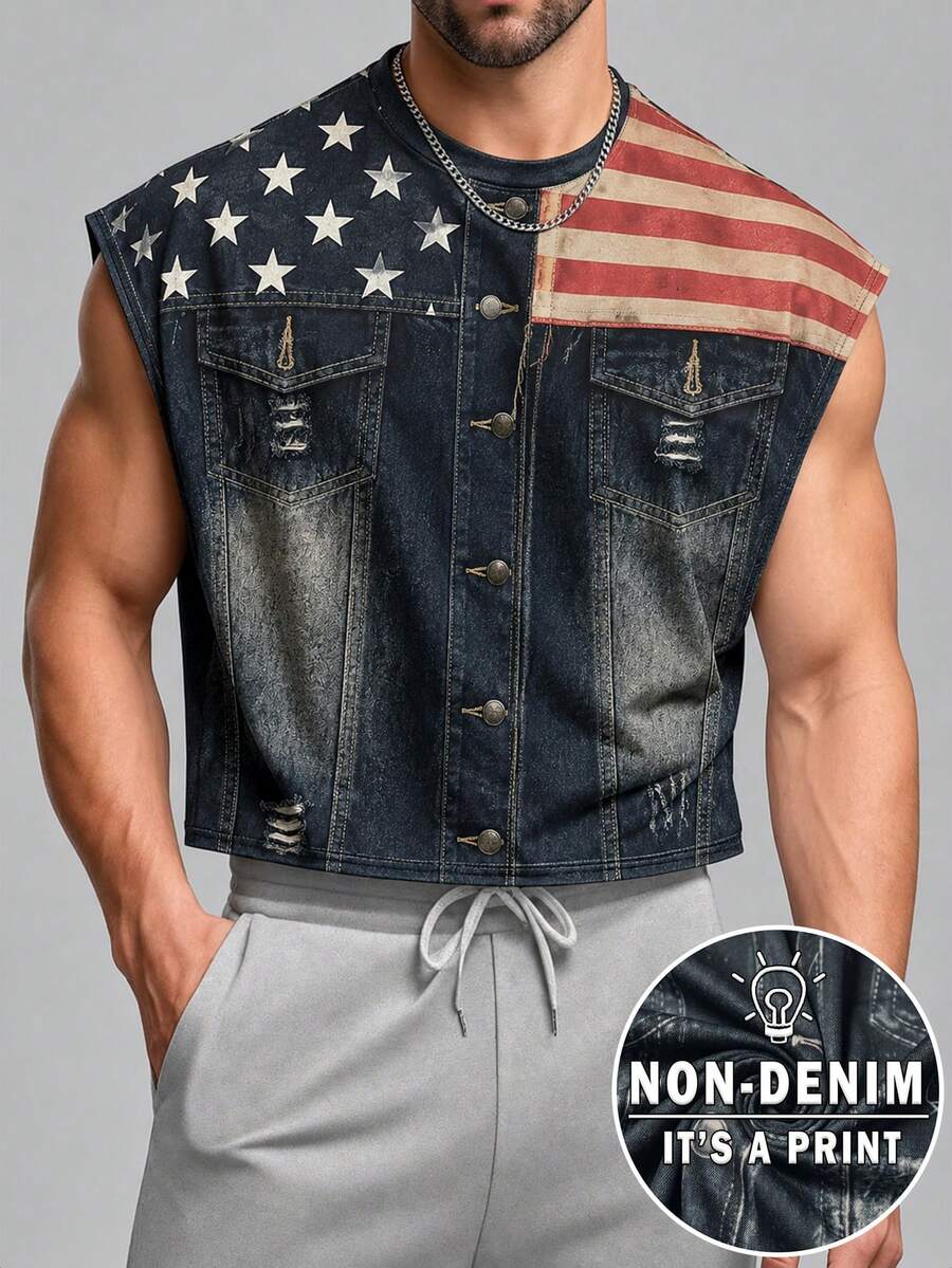 Manfinity Dauomo Top de hombre con estampado de bandera estadounidense, cuello redondo, sin mangas, abotonado sencillo y decoración de bolsillo - Multicolor - Ver 1