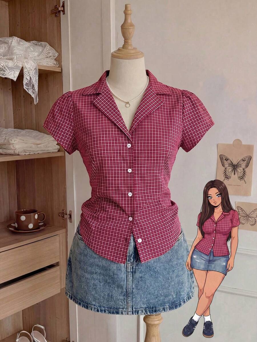 Comfortcana Plus Size Women's Plaid Short Sleeve Single Breasted Casual Shirt - Red - View 1