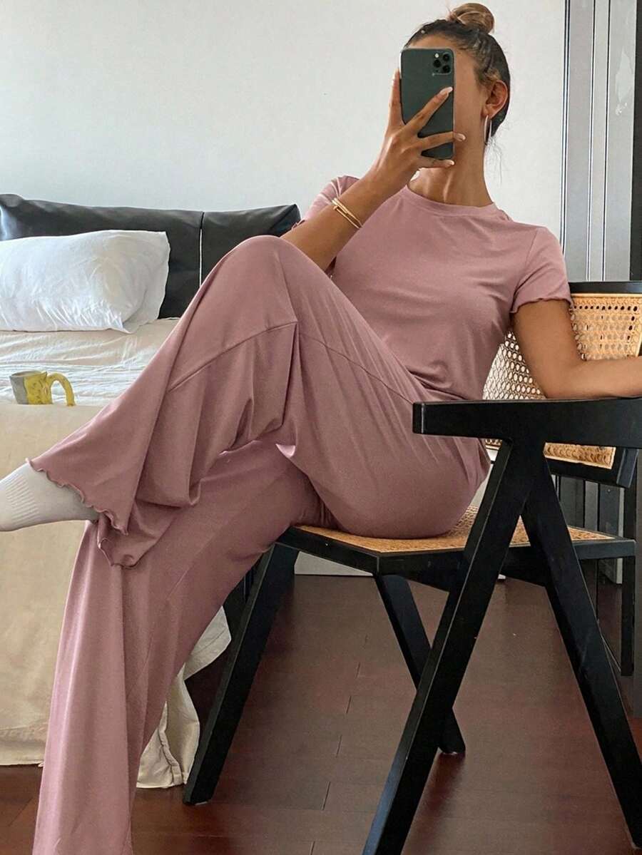 Livesso Minimalist Solid Color Dense Hem Wave Edge Decor Fitted Top And Long Pants Loungewear Set - Pink - View 1