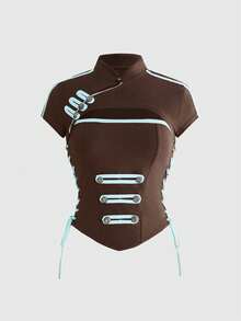 ACID BLVD Spring/Summer Y2K Hot Girl Sporty World Cup Outfit Napoleon Double-Breasted Button Decor Ultra Cropped Tank Top And Camisole 2pcs Set - Brown - View 11