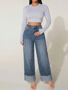SHEIN PETITE 女款高腰寬腿牛仔褲，休閒日常 & 夏季街頭風女褲，復古深色水洗牛仔褲，復古休閒夏季穿搭 - 深色水洗藍 - 查看 4