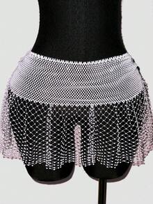 EgrlEra Women's Sexy Ultra Short Mini Skirt, Fishnet With Rhinestone Embellishments, Sparkling, Perfect For Party And Gathering Outfits - White - View 4