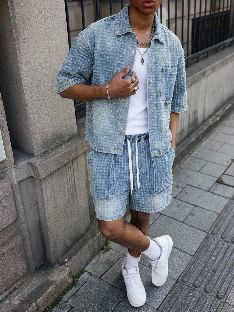 Manfinity EMRG Men's Street Style Casual Crochet Blue Denim Short Sleeve Shorts Set - Medium Wash - View 1