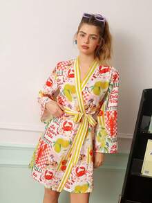 Chillnights Women's Young Casual Colorblock Lemon Tomato Lobster Striped Print Tie-Up Comfortable Loose Woven Robe - Multicolor - View 4