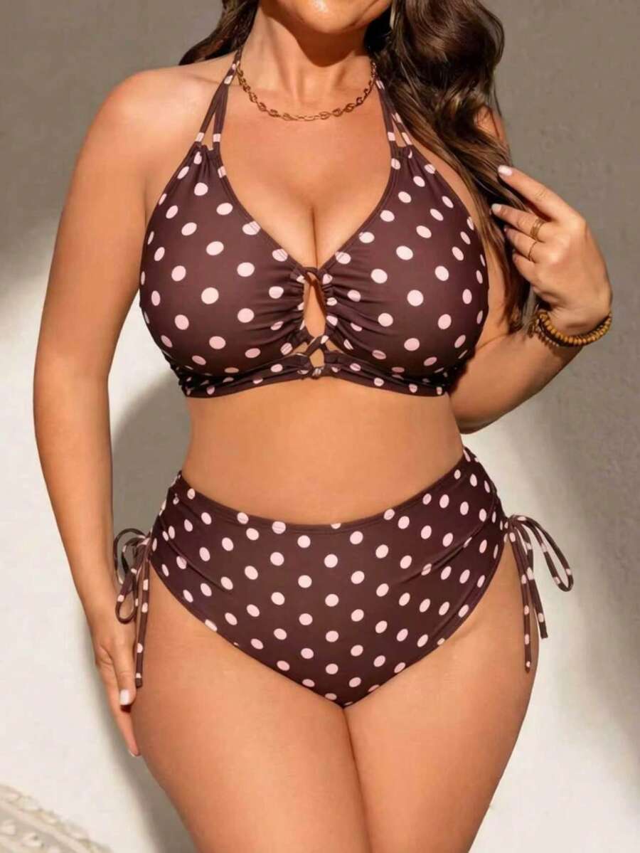 Swim Lushoire 大尺碼女款 2 件式性感豹紋前綁帶比基尼套裝,時尚夏季海灘度假泳衣 - 彩色 - 查看 1