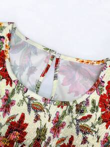 Linhara 大尺碼女款花卉圓領雙層袖短袖休閒襯衫，休閒時尚多功能百褶夏季度假女上衣，田園風短袖襯衫，波西米亞襯衫，女款襯衫，夏季復古上衣 - 彩色 - 查看 6