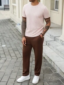 Manfinity Homme 男士不對稱紋理面料對比色成熟休閒度假日常禮物送丈夫男友長褲短袖T恤套裝 - 彩色 - 查看 4