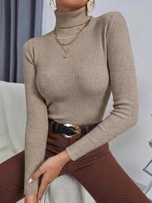 Selamara Áo len nữ cổ lọ gân đơn giản đa năng tay dài - Màu Khaki - Xem 1